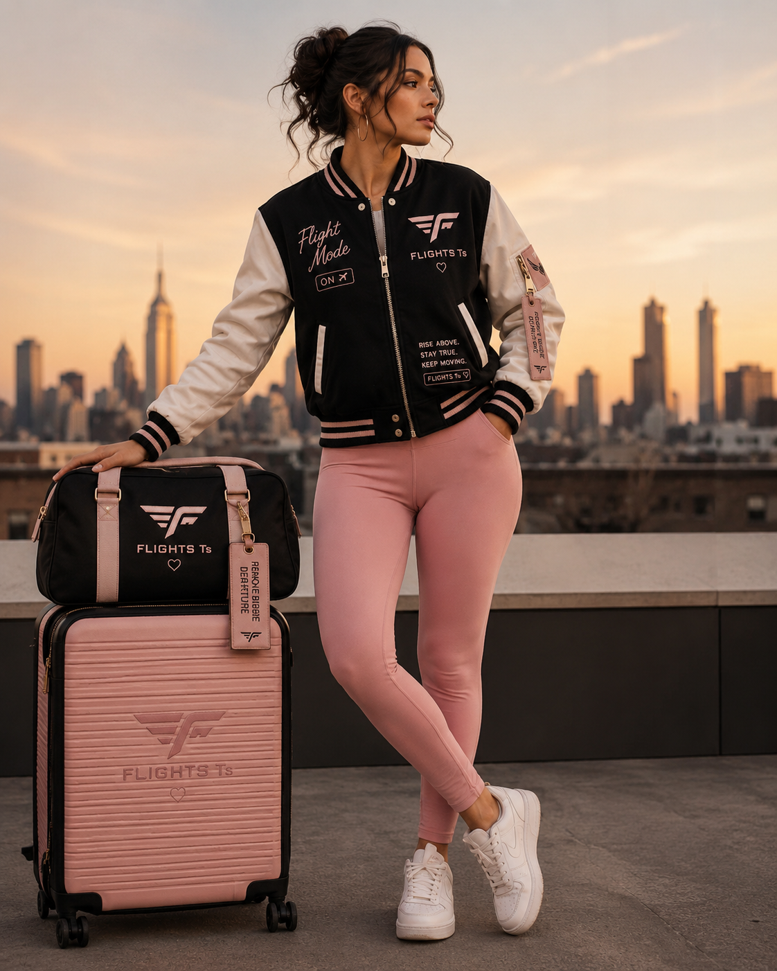 Female model wearing FLIGHT Ts ladies varsity jacket