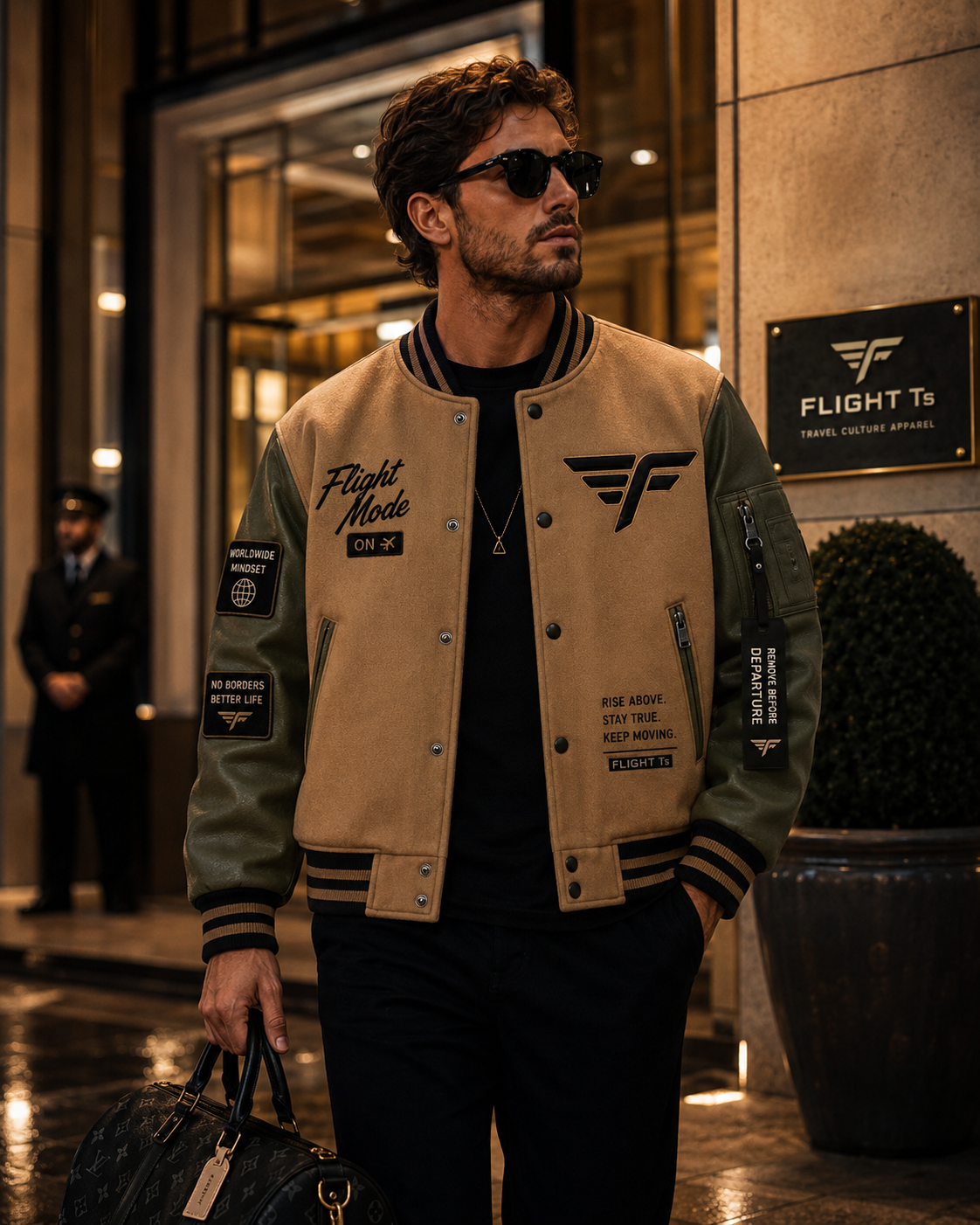 Male model wearing FLIGHT Ts varsity jacket